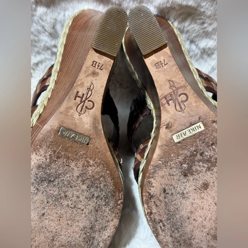 COLE HAAN stitch wedge brown heal leather espadrille slides shoes 7.5B